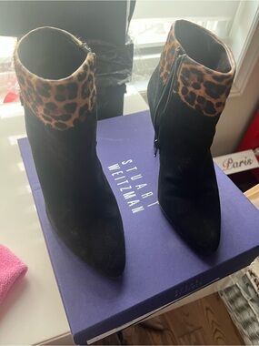 Stuart Weitzman Black Suede Ankle Boots with Leopard-Cuff